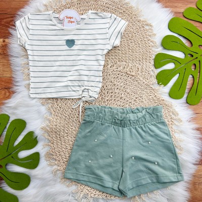  Conj. Blusa com Listras Coração e Short com Pérolas - Verde  